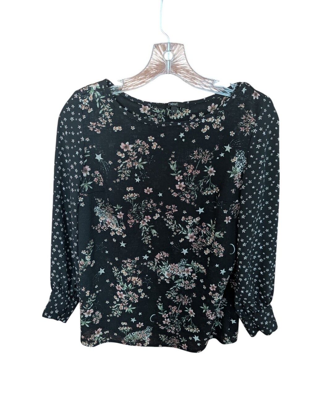 Next Top Black Pink White Floral Blouse3/4 Slv Sz US 6 *EUC